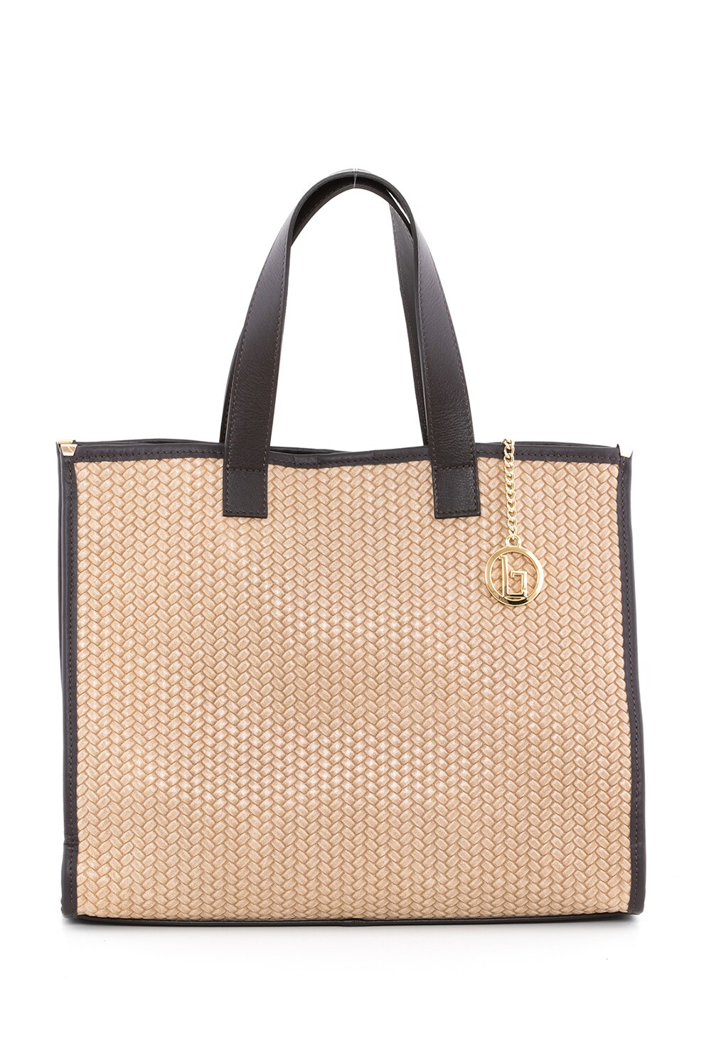 Lia Biassoni, Geanta de piele cu manere si aspect impletit, Maro camel/Maro inchis