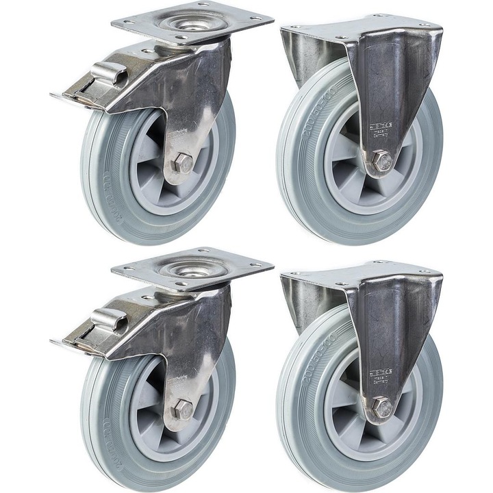 Set 4 roti din otel inoxidabil cu cauciuc solid, 2 pivotante cu frana/2 fixe, Centru din plastic, 820 kg, 200 mm, Gri/Argintiu