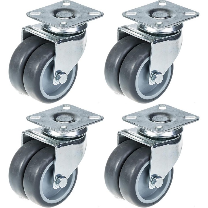 Set de 4 roti duble de 75 mm, 3 ", cauciuc gri capacitate 400 kg