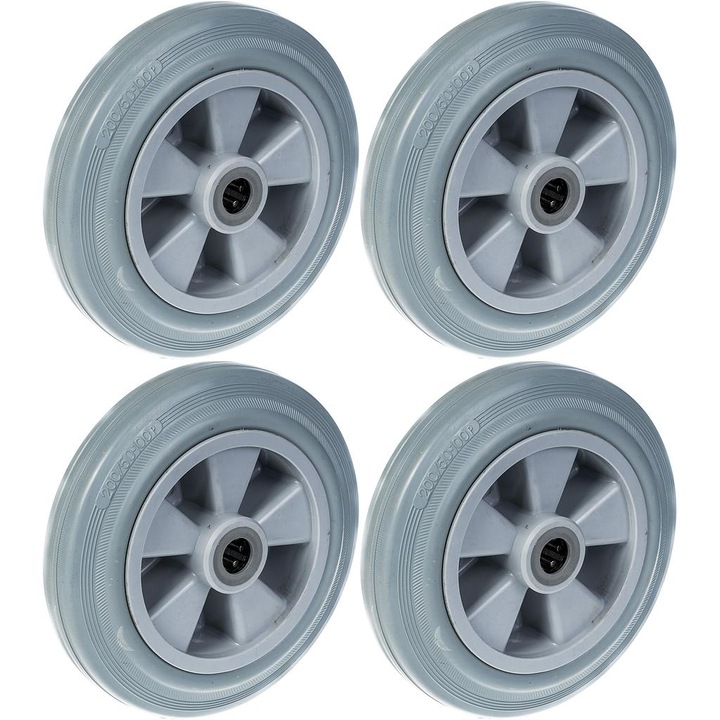 Set 4 roti cu anvelopa din cauciuc solid, Centru din plastic, Rulment cu role, 820 kg, 200 mm, Gri