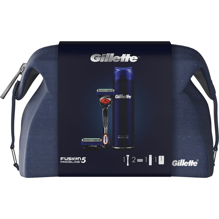 Szett GILLETTE FUSION 5 PROGLIDE Toaletttáska borotvanyéllel + 2 utántöltő + borotvagél spray 200 ml