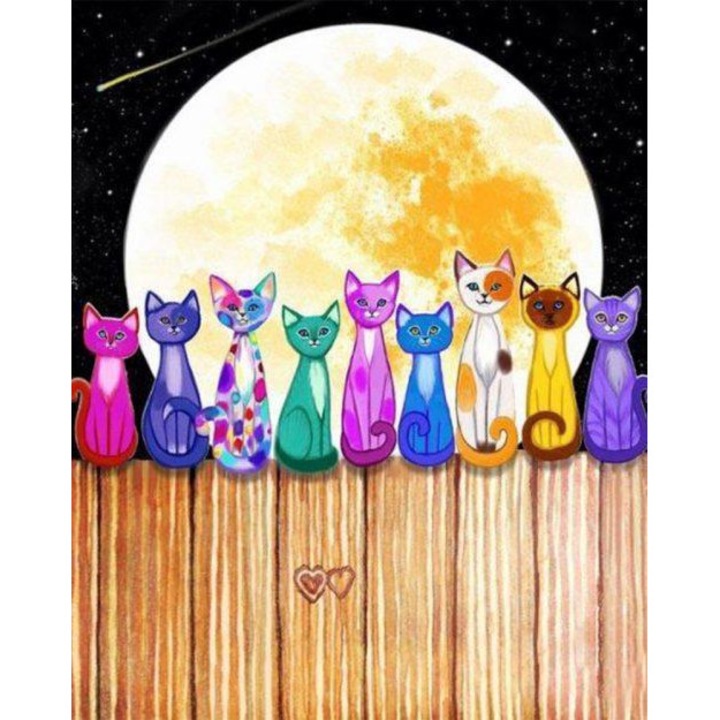 Macskák a Holdfényben - számfestő készlet - 40x50 cm keretre feszített vászonnal
