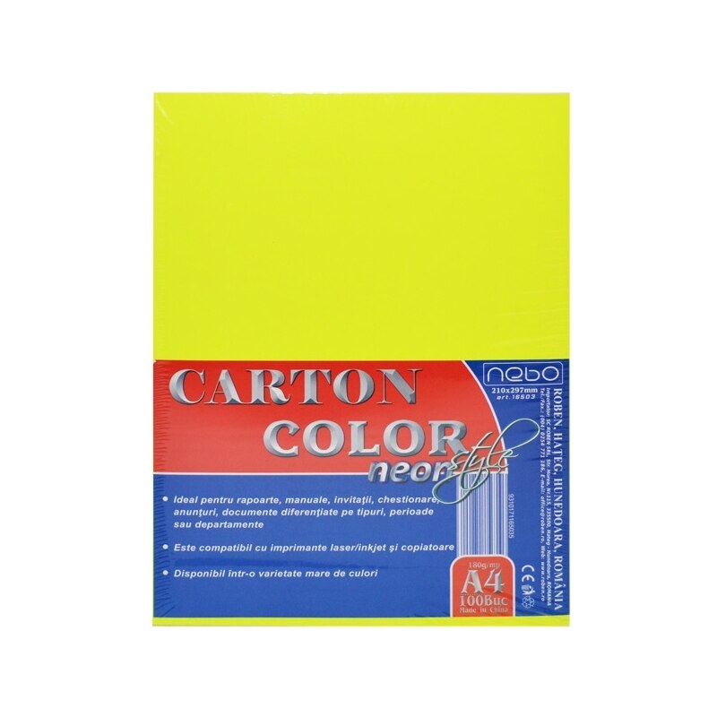 Carton colorat galben neon, A4, 100 coli, 180 gr/mp