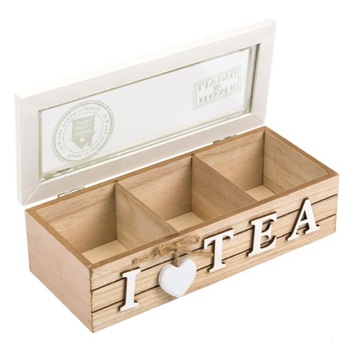 Cutie pentru ceai, CRT, Cu 3 compartimente, Din lemn, Cu capac transparent, I love tea, 24x10x7 Cutie pentru ceai, CRT, Cu 3 compartimente, Din lemn, Cu capac transparent, I love tea, 24x10x7