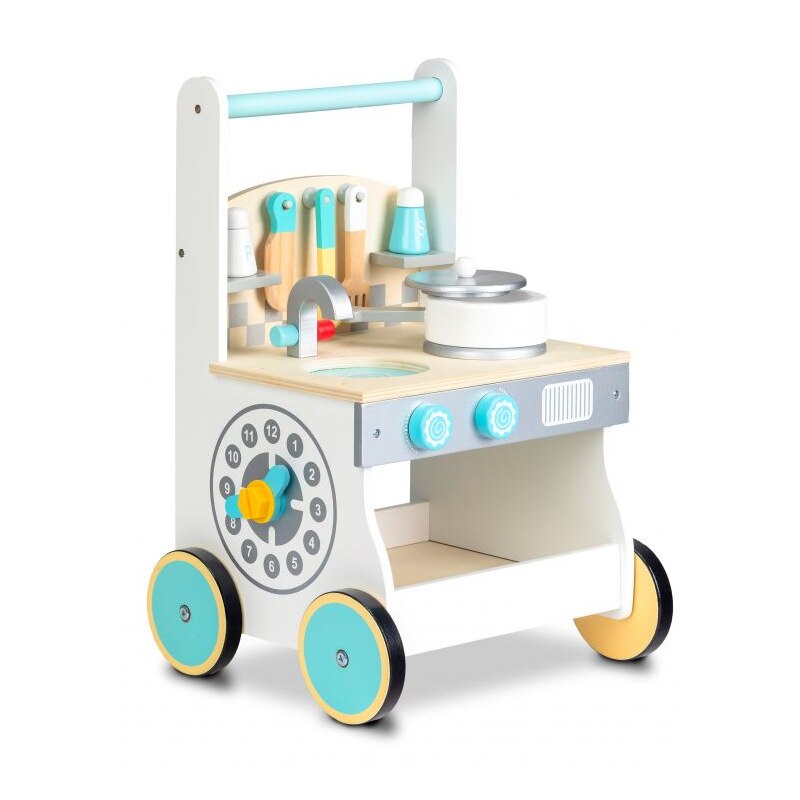 Bucatarie utiliata pentru copii, cu ustensile, cu roti, din lemn, 32 x 28,5 x 48, + 3 ani