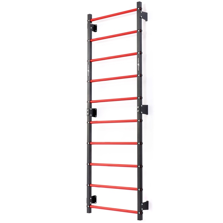 Scara de gimnastica, Marbo Sport, MH-U204 Metal, 230x81 cm, Home Series, Profil durabil 40x40 mm, Trepte anti-rotatie 30mm (latime 71 cm, spatiere 24 cm), Capacitate de incarcare 200kg, 12 puncte de fixare pe perete, Negru / Rosu