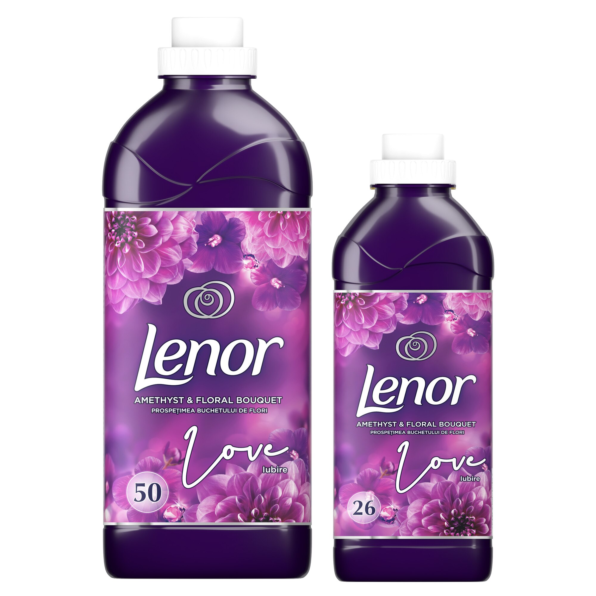 Pachet promo: Balsam de rufe Lenor Amethyst & Floral Bouquet, 1.5 L + 800 ml, 50 + 26 spalari