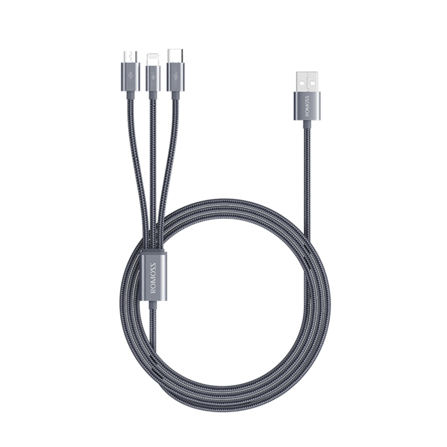 Cablu pentru incarcare, ROMOSS, 3 in 1, MicroUSB, Lightning, Type-C, Gri