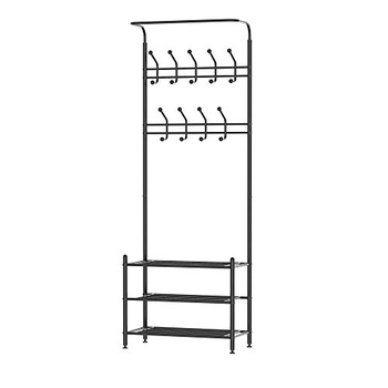 Cuier haine cu suport pantofi, 18 agatatori, 2 rafturi pentru pantofi si bancuta,190*82 cm, negru,buz Cuier haine cu suport pantofi, 18 agatatori, 2 rafturi pentru pantofi si bancuta,190*82 cm, negru,buz