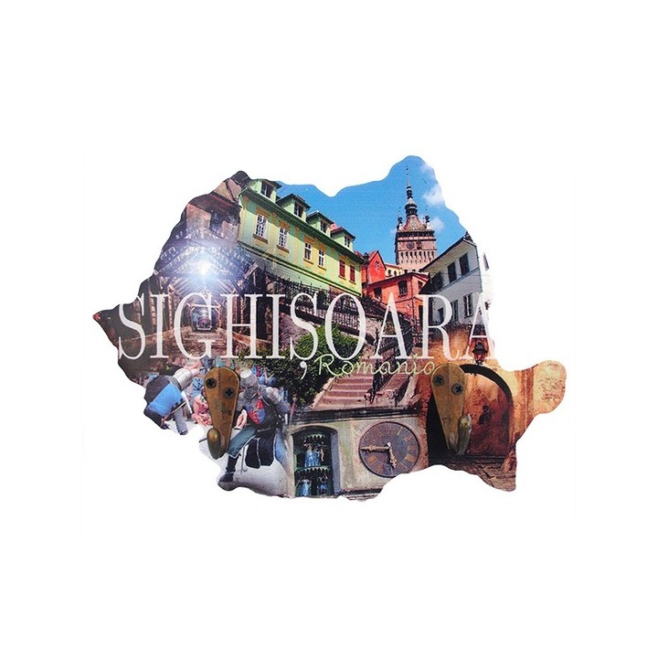 Cuier lemn , forma harta cu scris Sighisoara si 2 agatatori, 18 x 13 cm