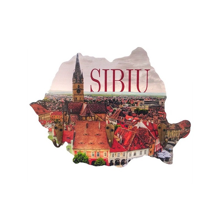 Cuier lemn , forma harta cu scris Sibiu si 3 agatatori, 23 x 18 cm