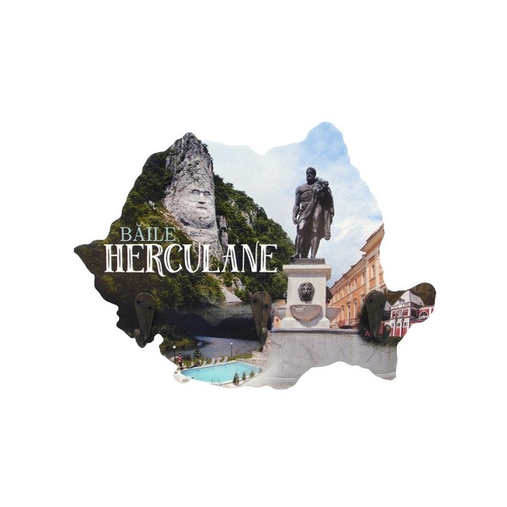 Cuier lemn , forma harta cu scris Herculane si 3 agatatori, 23 x 18 cm