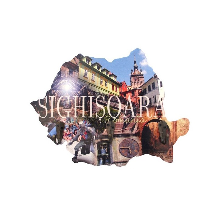 Cuier lemn , forma harta cu scris Sighisoara si 3 agatatori, 23 x 18 cm
