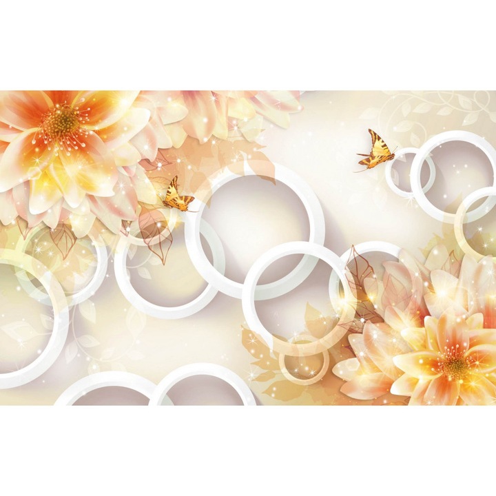 Fototapet 3D, Flori portocalii cu Cercuri 3D Albe, 400 x 250 cm