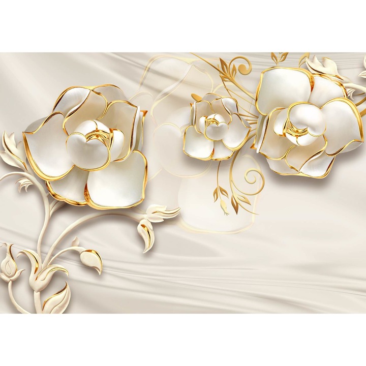 Fototapet 3D, Flori albe cu ornamente aurii pe un fundal cu aspect de matase, Fantezie, 400 x 250 cm