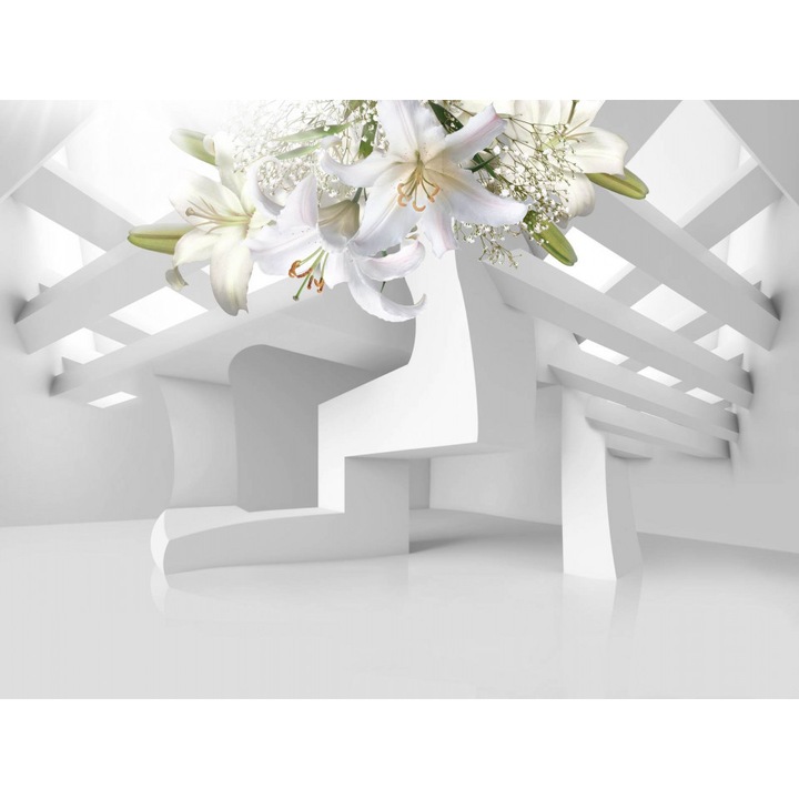 Fototapet 3D, Crini albi cu ornamente aurii pe un fundal 3D, 400 x 250 cm