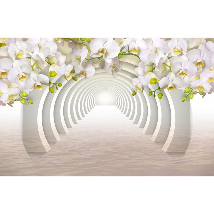 Fototapet 3D, Orhidee albe si un tunel 3D, 200 x 150 cm