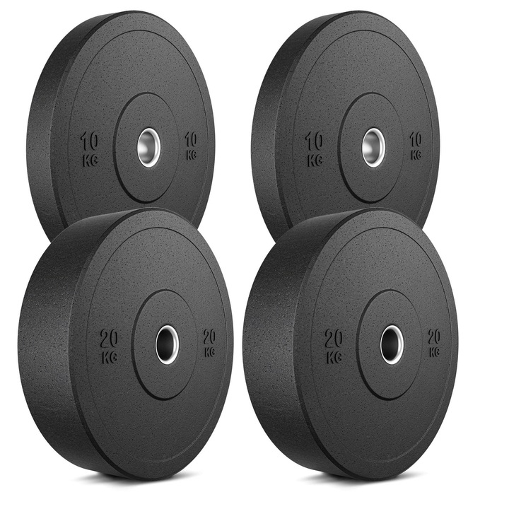 Set de 4 discuri de greutate, Marbo Sport, MW-Bumper, Total 60 kg - 2x20 kg + 2x10 kg, Olimpice, Cauciucate - 100% cauciuc reciclat, Diametru 45 cm, Gaura Ø51 mm, Rezistent la socuri, Protejeaza podeaua, Pentru crossfit si haltere, Negru