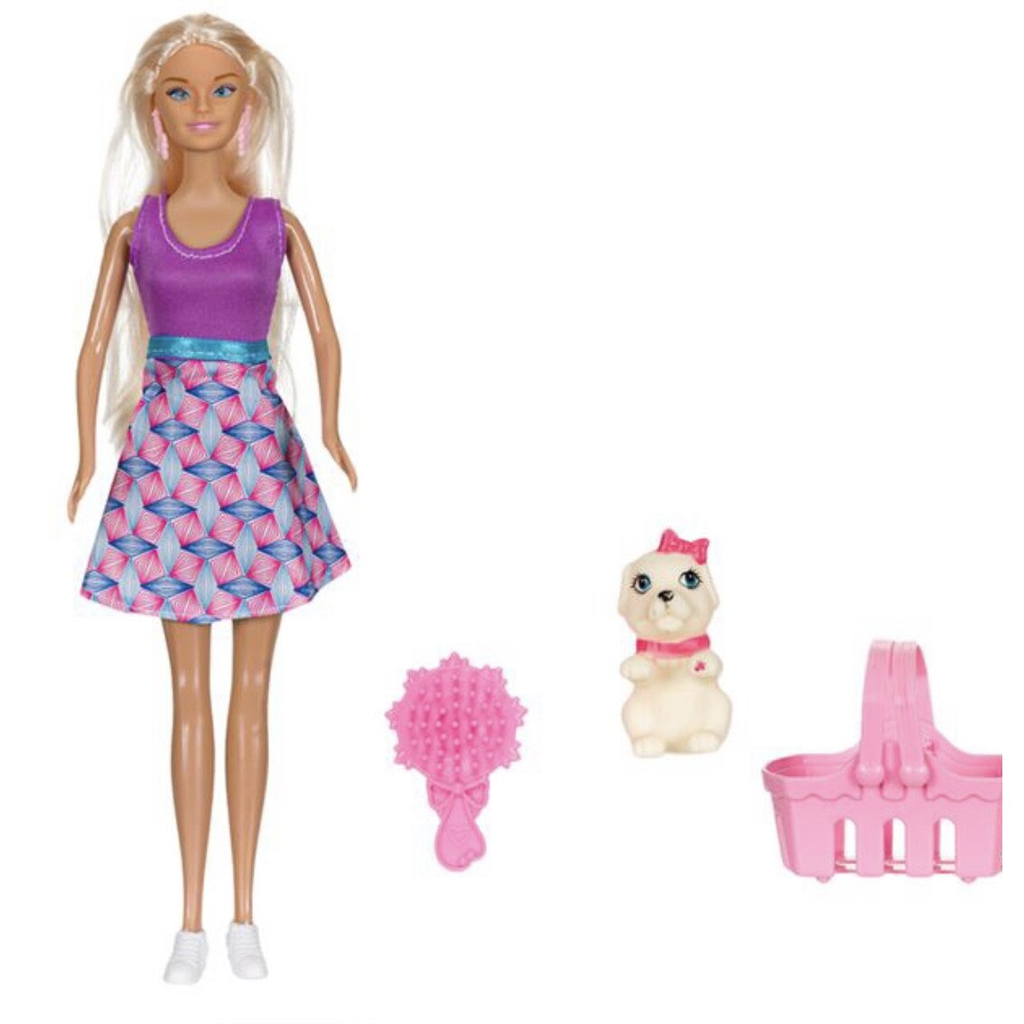 Papusa blonda cu catel,cos si perie de par