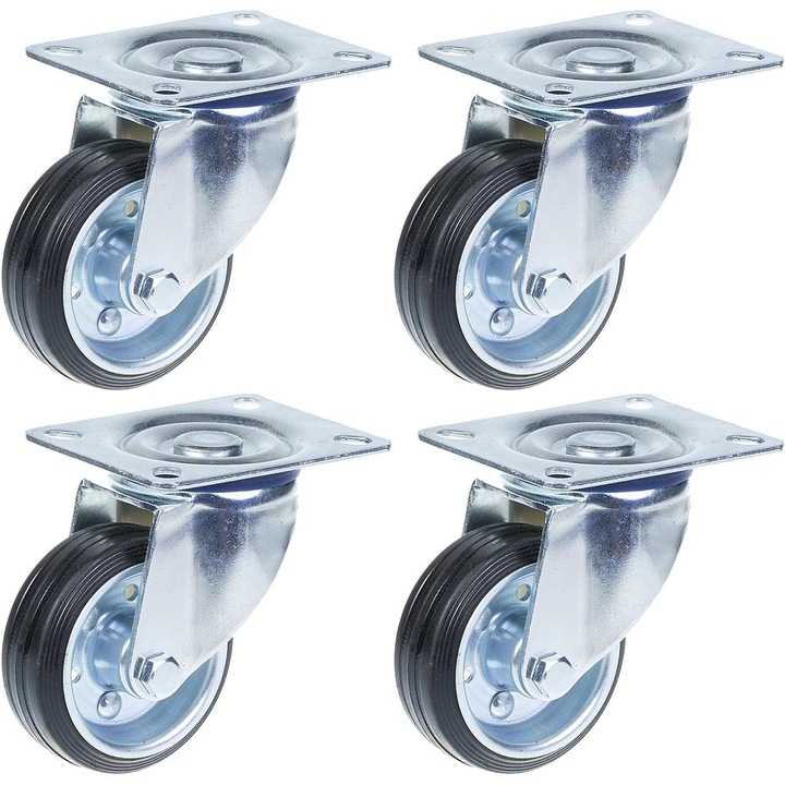 Set 4 roti, Cauciuc, Frana cu capacitate de 70 kg, 100 x 80 mm, Negru