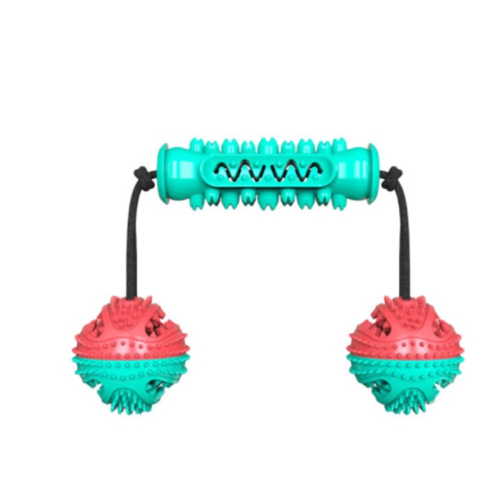 Kutyajáték, türkiz és piros, finomságokhoz, labdákkal