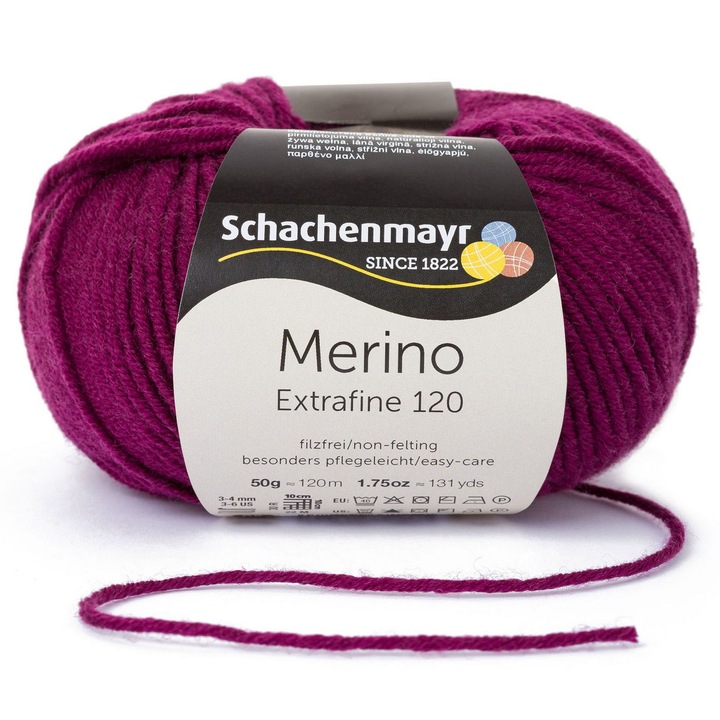 Kötő-horgolt fonal, 100% merinó gyapjú, fonalvastagság: 3 Light, hossz 120 m, 50g, Merino Extrafine 120 Burgundy 00133
