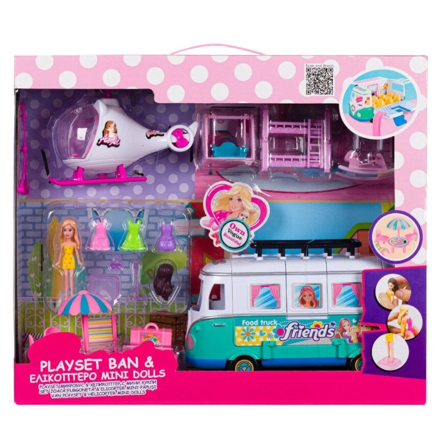Set papusa cu accesorii, Zola®, pentru fetite, cu elicopter, autobuz, 44x12x38 cm