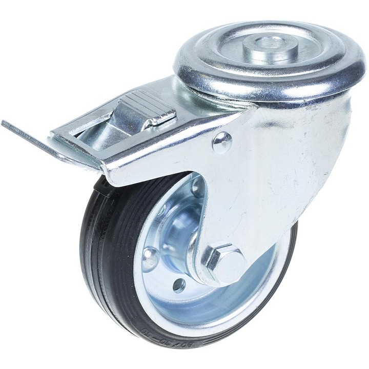 Roata pivotanta cu frana din cauciuc solid, Centru din otel, Rulment cu role, 70 kg, 80 mm, Negru/Argintiu