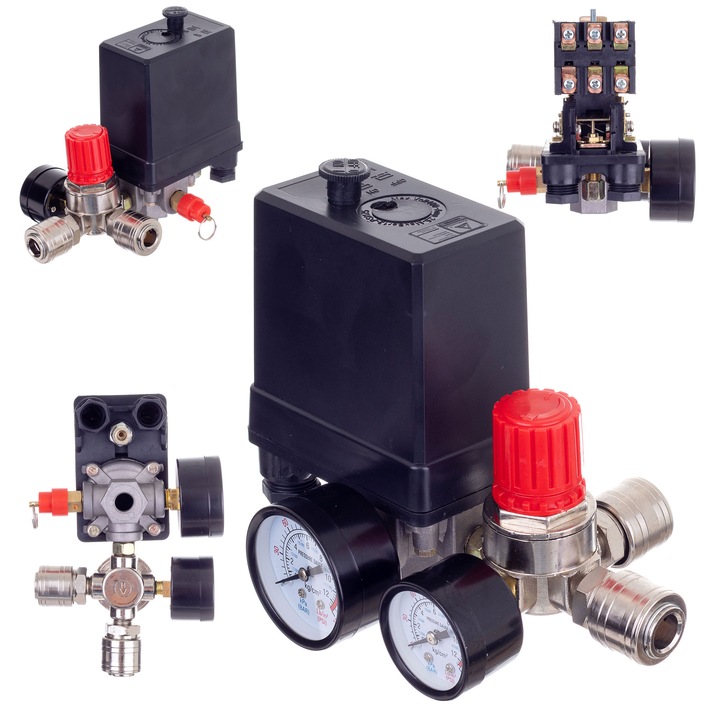Presostat compresor aer 400V PL400-2, regulator presiune 1/4", 2 manometre, supapa siguranta, reductor presiune