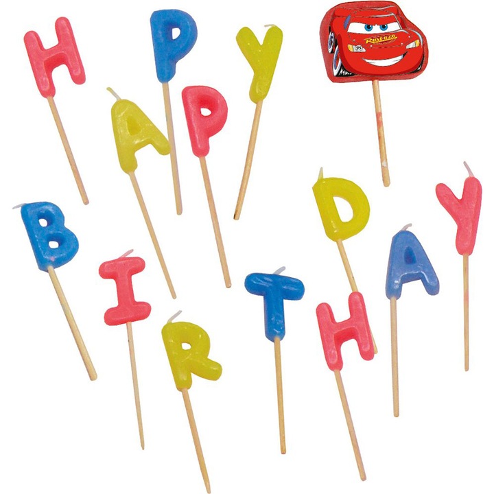 Топери за детски рожден ден Disney Cars 098257 2-55, Свещи Happy Birthday и топер Маккуин, Многоцветен