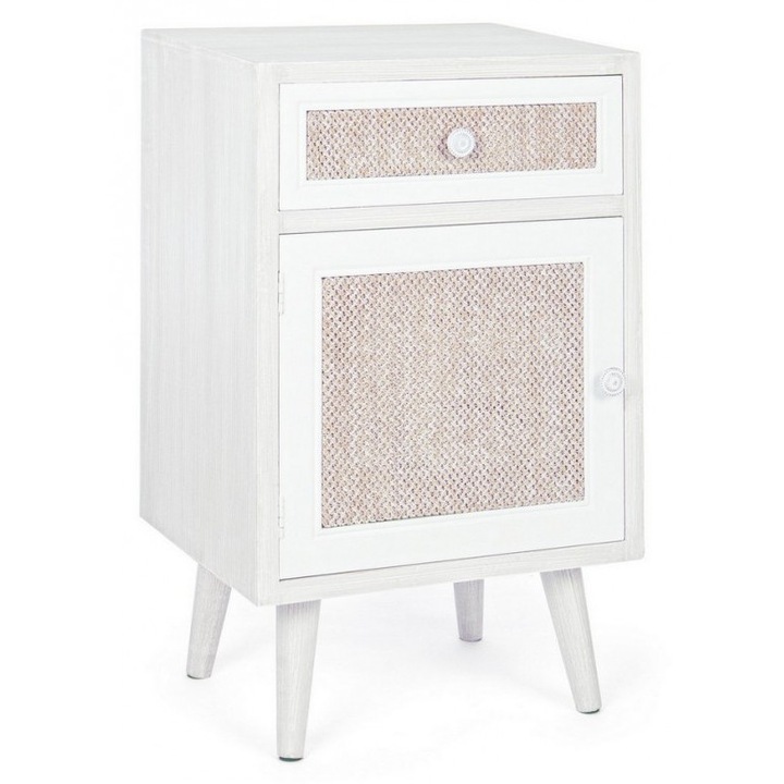 Noptiera 1 sertar si 1 usa din lemn alb bej crem Montiel 40 cm x 31.5 cm x 67 h