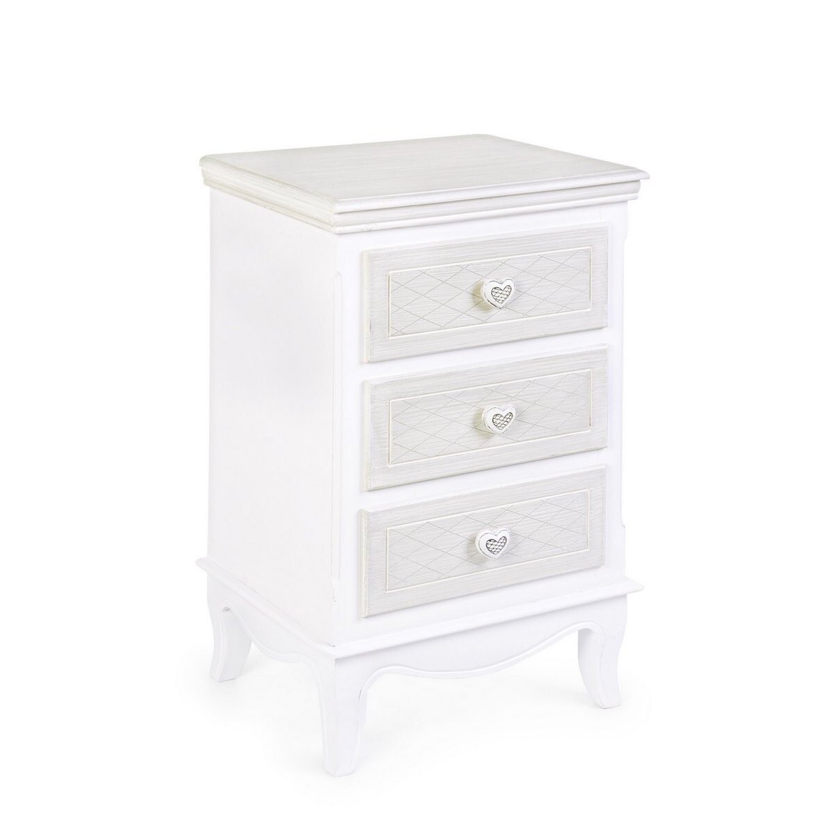 Noptiera 3 sertare din lemn alb patinat Charlene 41 cm x 33.5 cm x 68.5 h