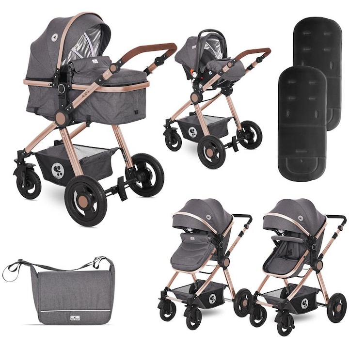 Детска количка 3 in 1 Lorelli Alexa Luxe Black, Включено кошче за кола, Черен