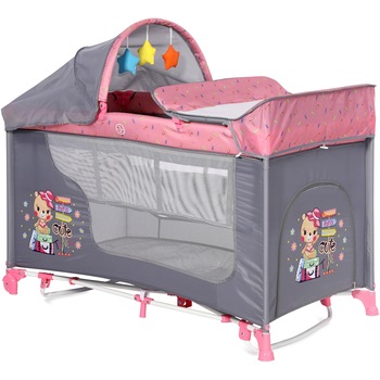 Patut pliabil Lorelli Moonlight Rocker, 2 nivele cu accesorii, Roz/Gri Patut pliabil Lorelli Moonlight Rocker, 2 nivele cu accesorii, Roz/Gri