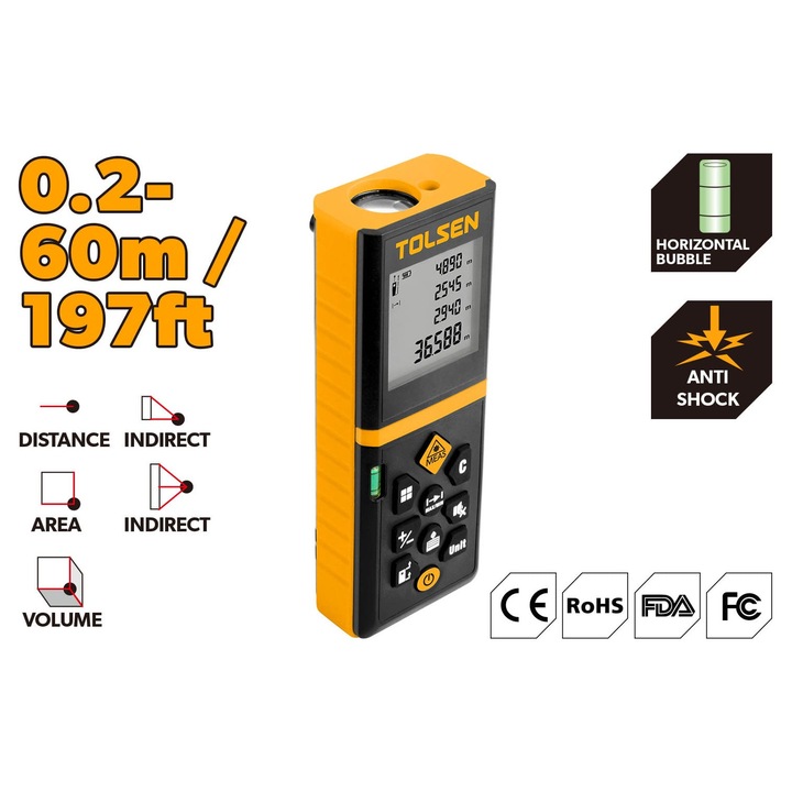 Aparat de masura laser TOLSEN 0.2–60m, precizie ±2mm, IP65, ecran 1.6", functii distanta/suprafata/volum/pitagora, memorie 20 seturi, comutator reglabil, DIY & industrial, 2xAAA