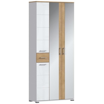 Dulap cu oglinda si 4 usi cu un sertar oglinda pentru hol Sani Melissa SB-2889,88x35.2x205.2 cm, Alb/Stejar bunnrati Dulap cu oglinda si 4 usi cu un sertar oglinda pentru hol Sani Melissa SB-2889,88x35.2x205.2 cm, Alb/Stejar bunnrati