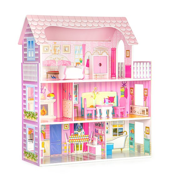 Casuta pentru papusi din lemn Ecotoys, 8 piese de mobilier din lemn