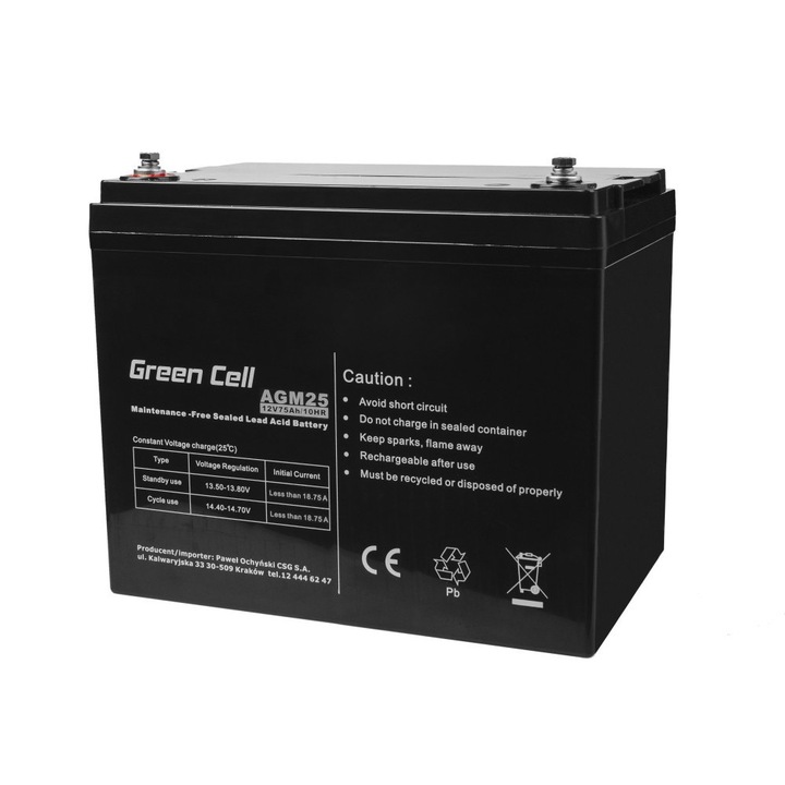 Батерия Green Cell, 12V, 75Ah, VRLA AGM, B4 терминал