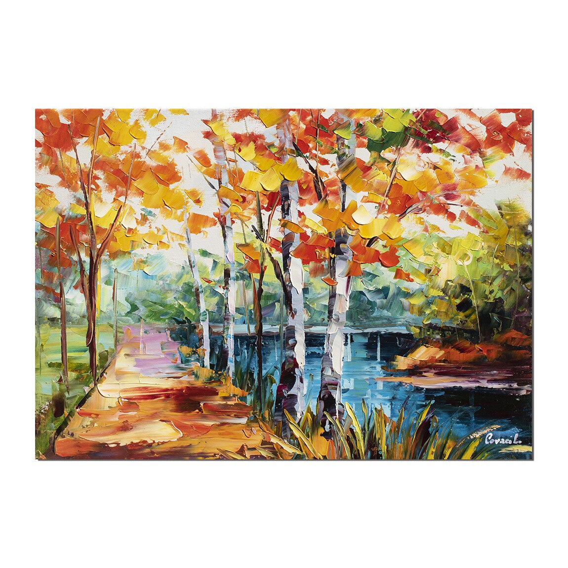 Tablou pictat manual - Pe aleea cu mesteceni - 70x50cm ulei pe panza de in, cutit efect 3D