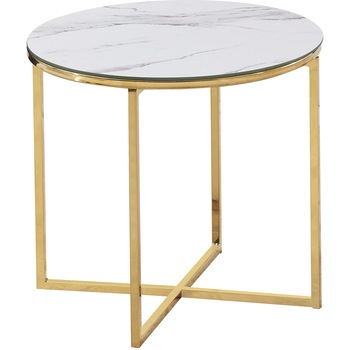Masa cafea Kring Grace, 50x46 cm, rotunda, metal/sticla, aspect marmura, Alb/Auriu Masa cafea Kring Grace, 50x46 cm, rotunda, metal/sticla, aspect marmura, Alb/Auriu