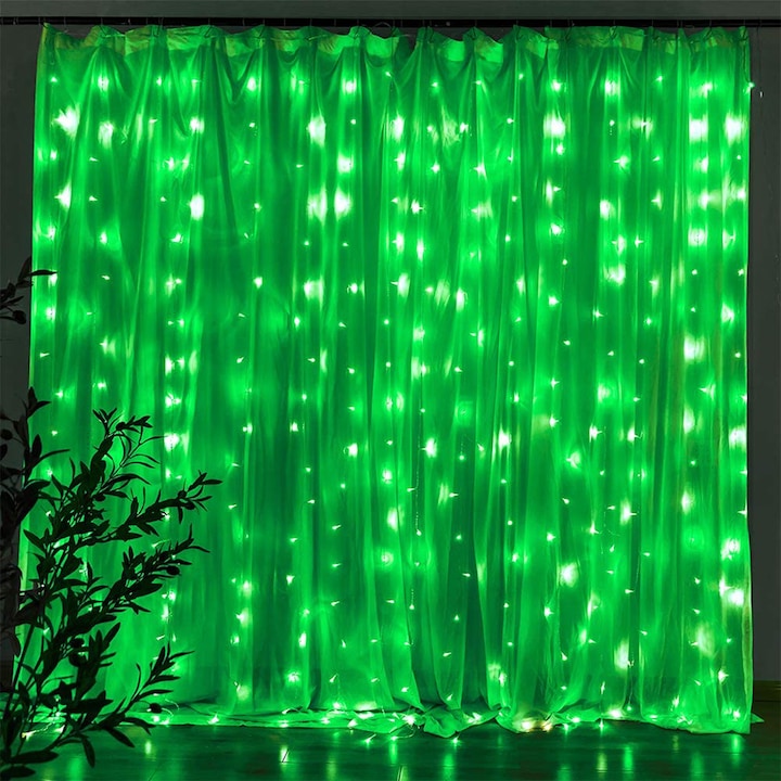 YWX LED függöny fényfüzér, 3 x 1 m, 100 izzó, USB, 8 funkció, távirányító, Beltéri és kültéri telepítésekhez, beleértve a karácsonyi és egyéb ünnepi dekorációkat is, zöld