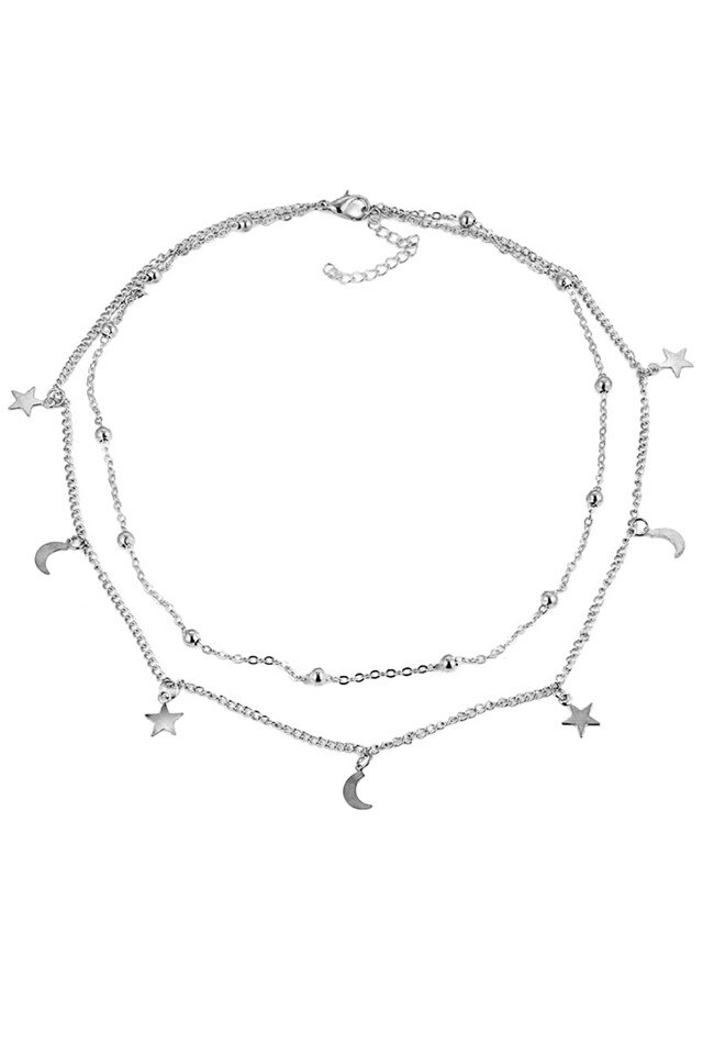 Lantisor dublu lucios, cu bilute, stelute si semiluni Argintiu