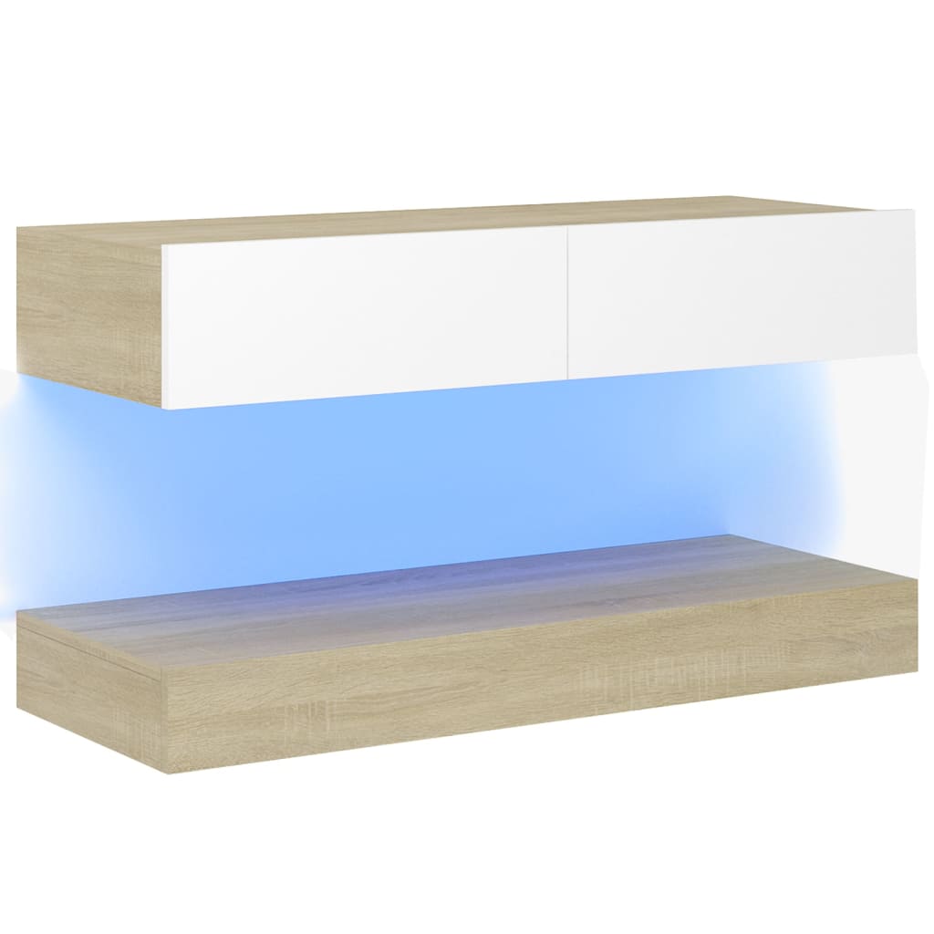 Comoda TV cu lumini LED, vidaXL, PAL, 90 x 35 x 15,5 cm, Alb/Maro stejar