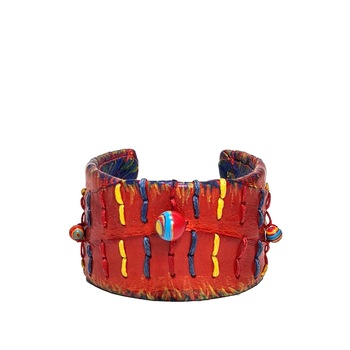 Bratara Decoranna Handcraft statement, piele naturala crocodil, handmade unicat, pictata si cusuta cu malachite curcubeu, rosie Bratara Decoranna Handcraft statement, piele naturala crocodil, handmade unicat, pictata si cusuta cu malachite curcubeu, rosie