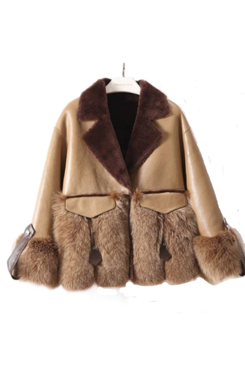 Női rövid kabát, Valódi bőr és merinó gyapjú, Barna-bézs