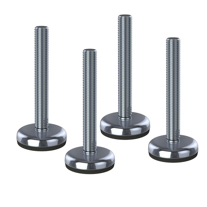 Set 4 picioare de nivelare, Inox, Baza cauciucata, Anti-virbatii/Antiderapant, 10x100x50 mm, Argintiu/Negru