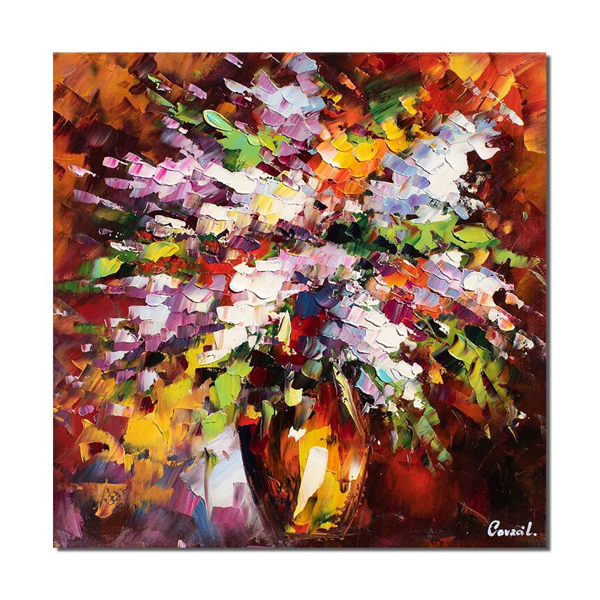 Tablou pictat manual - Vaza cu liliac - 50x50cm ulei pe panza de in, cutit efect 3D