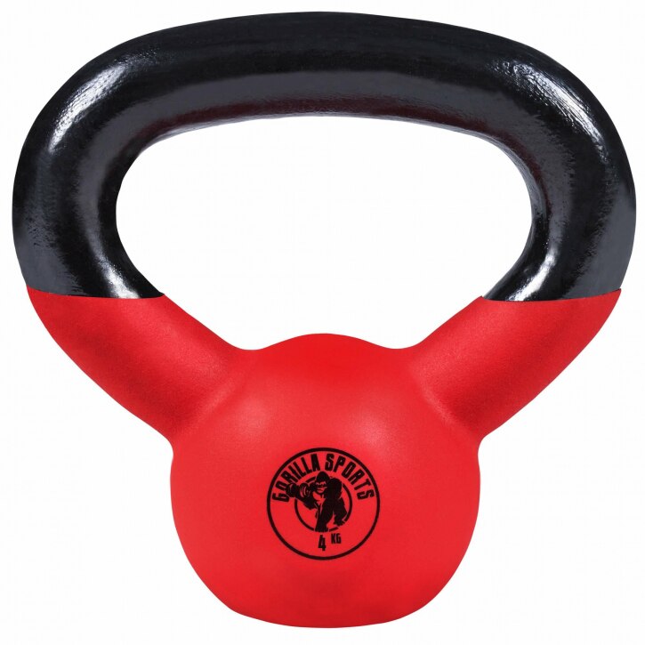 Gantera kettlebell de fier acoperit cu cauciuc, Gorilla Sports, 4Kg, Negru-Rosu