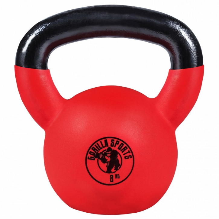 Gantera kettlebell de fier acoperit cu cauciuc, Gorilla Sports, 8Kg, Negru-Rosu