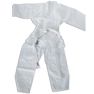 Guidelines Gather Five Kimono pentru karate, Spartan, 110 cm, bluza si pantaloni cu armatura dubla  si talie elastica, centura alba - eMAG.ro